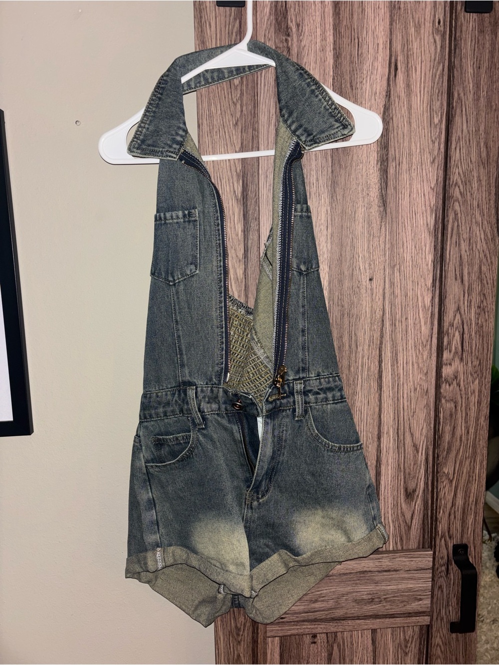 Denim Short Overalls Romper - Washed Blue
